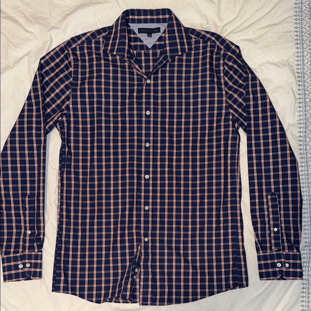Tommy Hilfiger Men's Navy and Orange button down Checkered Shirt Size 15.5 34/35